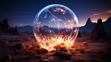 3d render of an exploding Glas bubble in the desert - obrazy, fototapety, plakaty