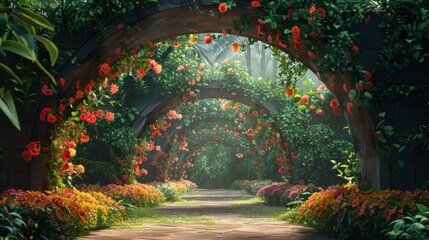 Fairytale garden brought to life, flower arches frame the hidden beauty, a canvas of colorful greenery, perfect for digital backgrounds,, AI Generative