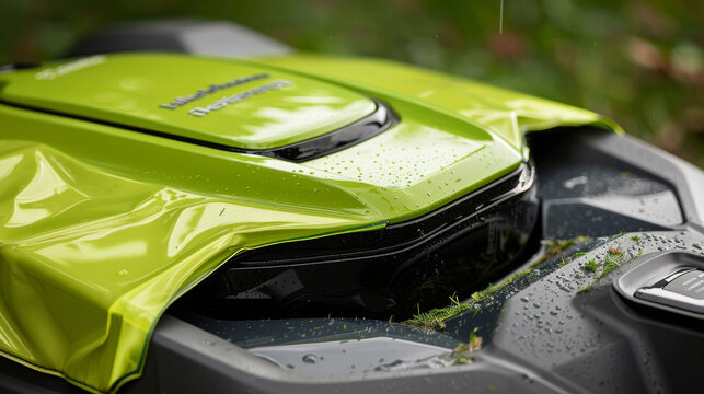 A closeup of the robotic lawn mowers weatherproof cover ensuring protection during rain or shine.