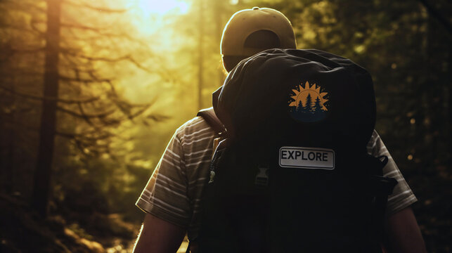 Rearview photography of a man wearing a black hiking backpack full of camping and mountaineering equipment, walking in sunny nature forest paths, exploring the wilderness adventures