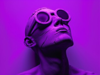 a purple statue of a man wearing goggles