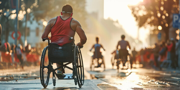 Wheelchair user participating in marathon. Mobility Impairment. Disability