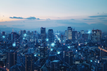 An aerial view of a city at night with a network of connections