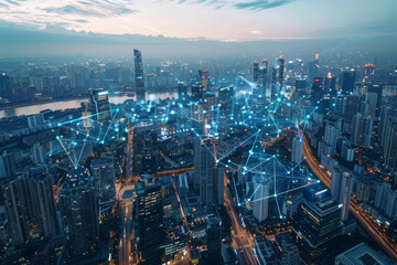 Obraz premium An aerial view of a city at night with a network of lines and dots