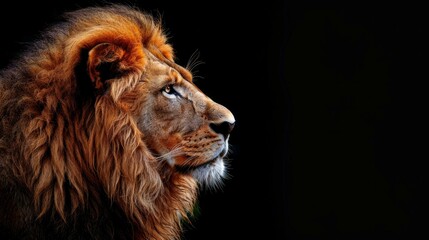 Majestic male African lion, mane enveloping its face in soft light against a stark black background, AI Generative