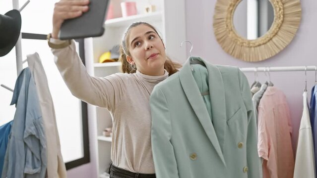 Hispanic woman takes selfie with tablet in a fashionable dressing room, showcasing wardrobe choices.
