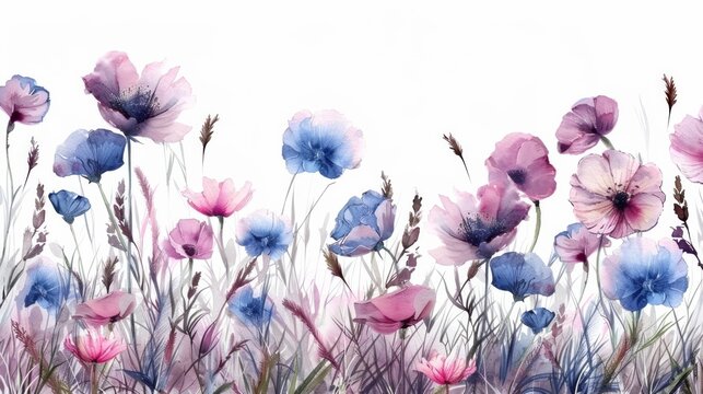 Meadow in summer, horizontal border of watercolor flowers on white background, drawing for cards, borders, banners, customizable design AI Generative