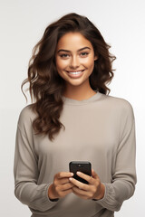 happy brunette woman using phone on white background. 