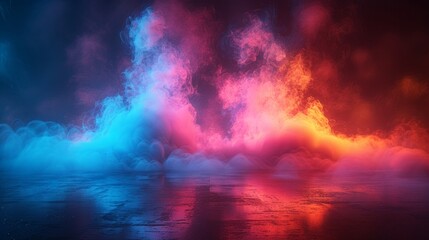 Naklejka premium Neon smoke bursts outward, an empty center ringed by hot, dramatic lighting, spooky and vibrant, perfect for dramatic scenes, AI Generative