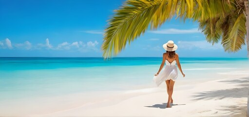 Woman walking on a tropical beach at summertime Inspirational people and nature concept copy space