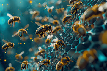 A bunch of bees are flying around a honeycomb - obrazy, fototapety, plakaty