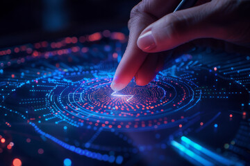 A person 's finger is pointing at a circle of dots - Powered by Adobe