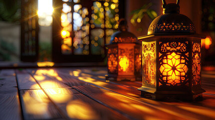 ramadan lantern lit up in a room. ramadan scenes. ramadan kareem holiday celebration concept - obrazy, fototapety, plakaty