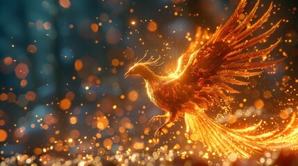 Phoenix bird rising from ashes, 3D illustration, fiery rebirth, mythical firebird, vibrant flames, immortal legend, AI Generative - obrazy, fototapety, plakaty
