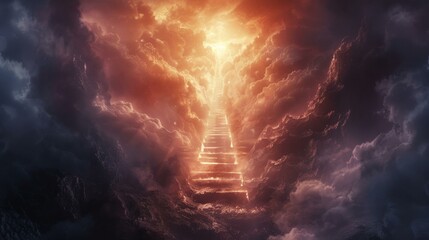 Stairway to heaven reaching towards glowing gates of Paradise, symbol of Christianity, ethereal light, divine meeting with God, AI Generative