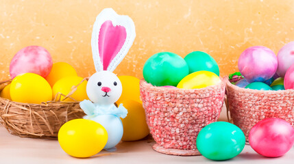 Fototapeta na wymiar Colorful Easter eggs and Easter bunny