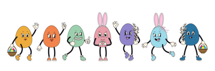Groovy Easter eggs set. Funny egg characters with cheerful faces. Vector illustration in flat style isolated on white background.