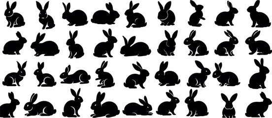 Fototapeta premium Black bunny silhouette collection, various bunny poses isolated on white background. Ideal for Easter, pet themes, creative designs, minimalist rabbit vector, modern elegance