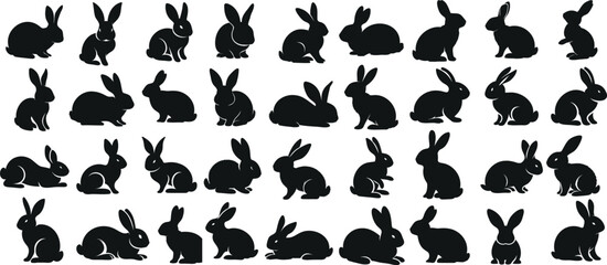 Rabbit silhouettes, various poses of rabbit, bunnt vector illustration, hare on white background, ideal rabbit, bunny for logo design, Easter themes, decorations - obrazy, fototapety, plakaty