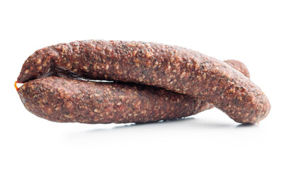 Smoked salami sausages isolated on white background.