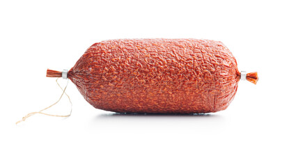 Smoked salami sausages isolated on white background.