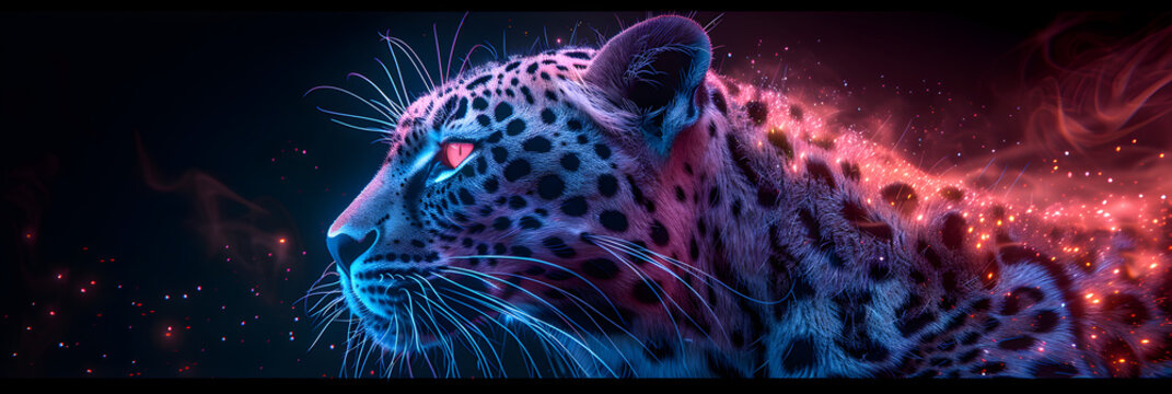  Fantasy Vaporwave Portrait of Retrowave Leopard,
A close up of a leopards face with a neon glow 