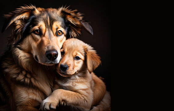 Sad dog hugs puppy, animal welfare poster