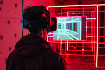 Fototapeta premium A man wearing a virtual reality headset