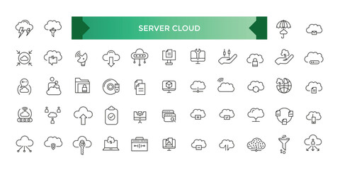Collection of Server Cloud Data related editable stroke icons, includes data storage, cloud storage data, technology services, server.
