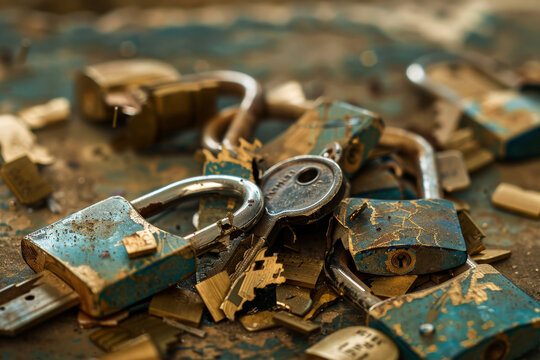 A bunch of keys and padlocks are laying on the ground