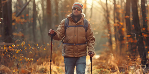 Blind person hiking in nature. Visual Impairment. Disability - obrazy, fototapety, plakaty