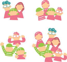 笑顔の大人と元気な子どもたち　表情なし　セット　イラスト素材
