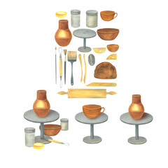 illustration for a ceramics workshop drawn in watercolors. Handmade dishes made from clay on a potter's wheel. Tournette for sculpture and ceramist pottery
