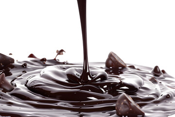 chocolate pouring on chocolate sauce isolated on white or transparent background