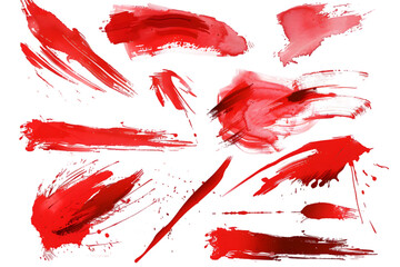collection of red paint brushstrokes, ink splatter, and artistic design element isolated on white or transparent background 
