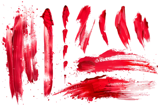 collection of red paint brushstrokes, ink splatter, and artistic design element isolated on white or transparent background 