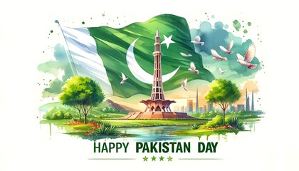 Watercolor illustration for pakistan day with minar e pakistan and large waving flag. - obrazy, fototapety, plakaty