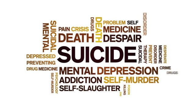 Suicide animated tag word cloud;text design animation kinetic typography seamless loop.