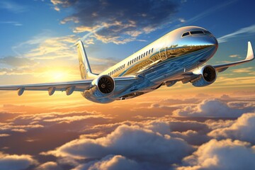 Fototapeta na wymiar a silver airplane flying in the sky