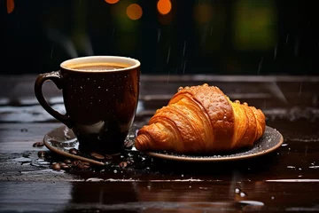 Afwasbaar Fotobehang Koffiebar a croissant and a cup of coffee