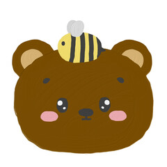 The face of a brown bear has a bee on its head.