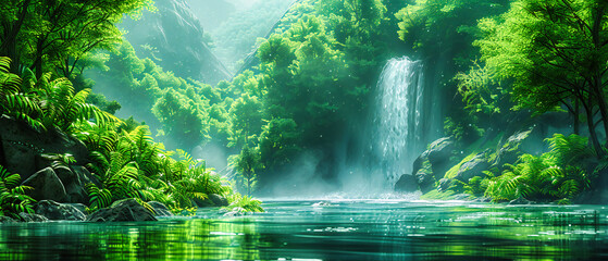 Jungle Waterfall in Green Forest, Nature Beauty with River Stream, Tropical Landscape in Daylight, Serene Scenery - Powered by Adobe