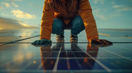 A solar technician in protective gear carefully examines the condition of solar panels during a vibrant sunset.