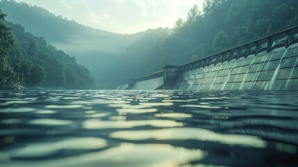 A serene view of a reservoir dam nestled in a lush mountain landscape, enveloped in a soft morning mist.
