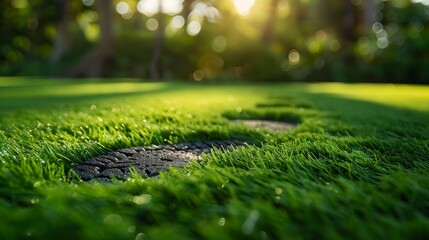 Naklejka premium Sunlight filters through a forest canopy, highlighting the morning dew clinging to the lush green moss.