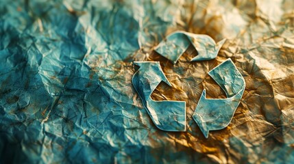 Close-up of a textured blue paper surface with a prominent embossed recycling symbol in golden light.