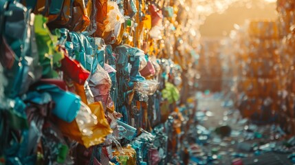 Sunlight filters through a dense wall of compressed plastic waste, highlighting the urgency of recycling and waste management. - obrazy, fototapety, plakaty