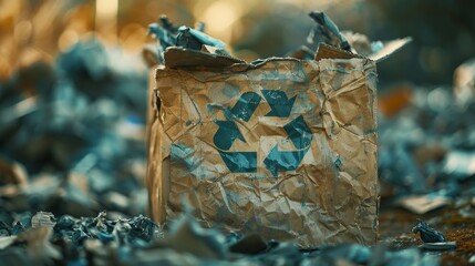 A worn and torn paper bag featuring the universal recycling symbol, amidst a blurred background.