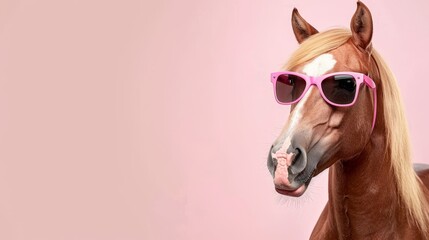 Humorous horse wearing sunglasses on pastel color background with space for text