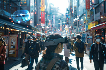 A woman wearing a virtual reality headset walks down a city street